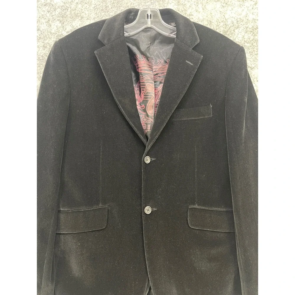 7 Diamonds Blazer Men Large Black Velvet Graphic Lining Sport Coat Jacket Goth